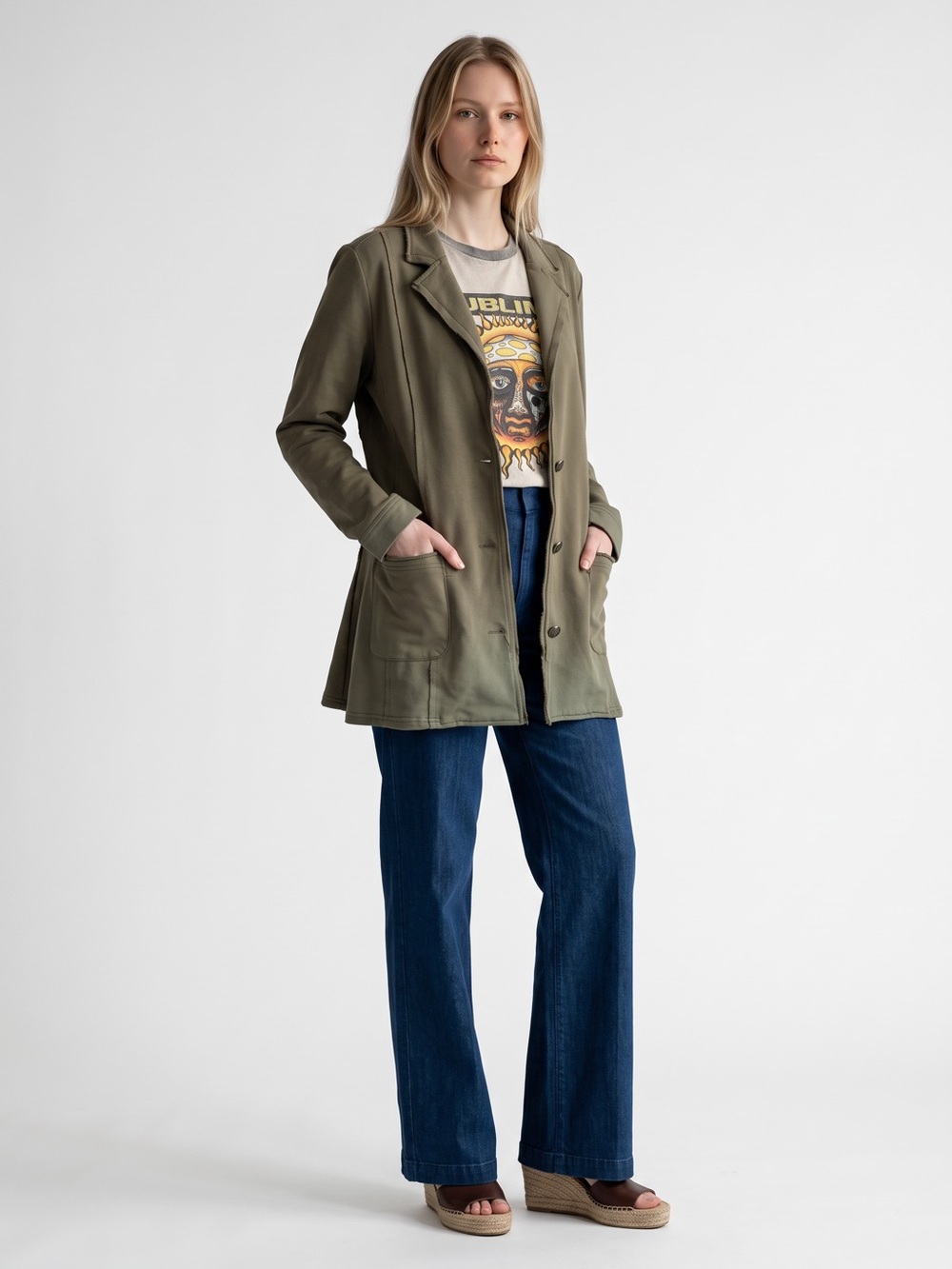 Le Lis Olive Green Long Blazer Jacket